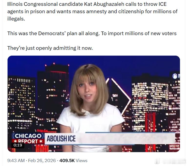 伊利诺伊州国会候选人卡特·阿布加扎勒呼吁将移民与海关执法局（ICE）特工关进监狱