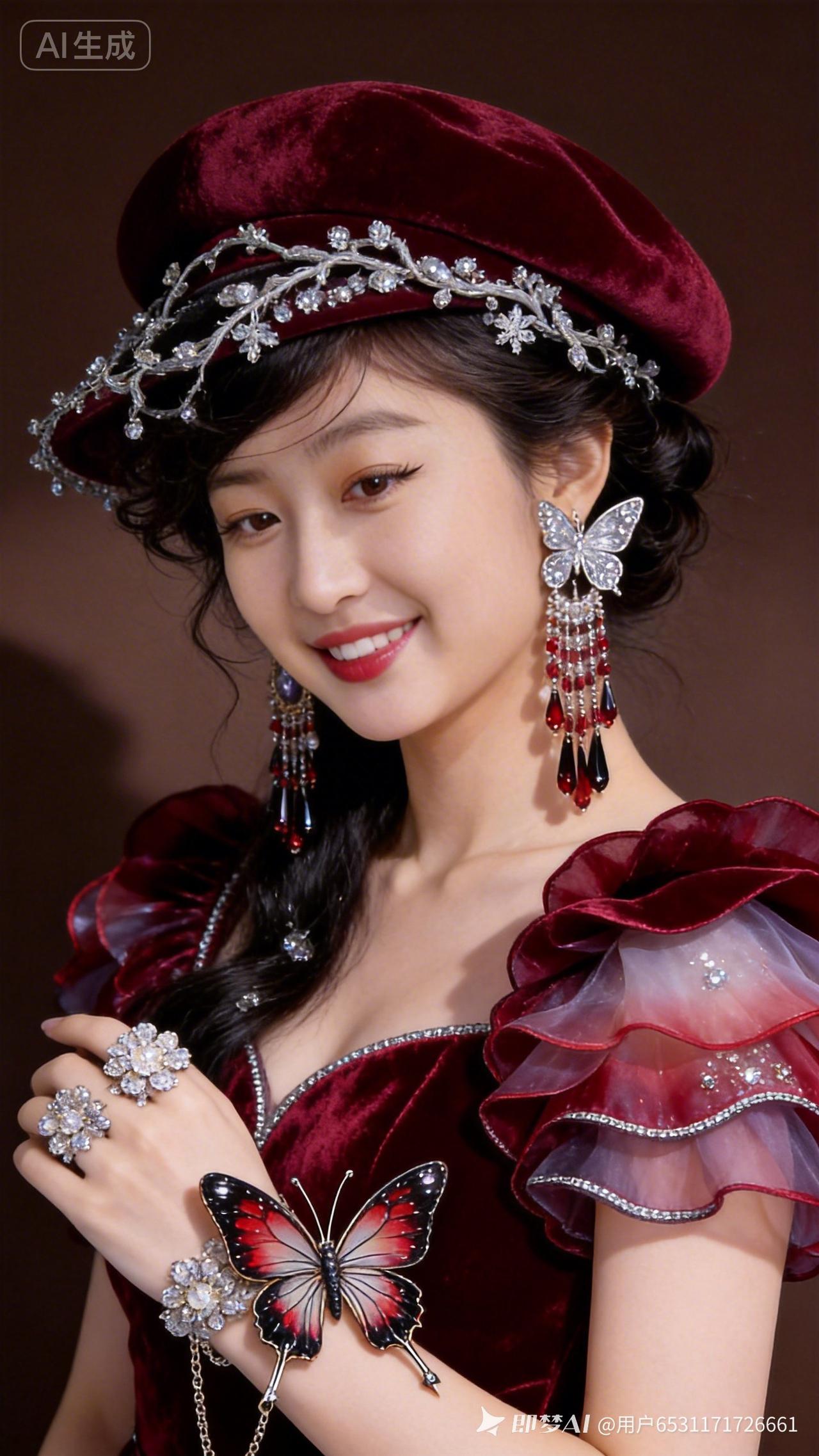 梦幻红丝绒礼服，闪耀的珠宝配饰，优雅而迷人。