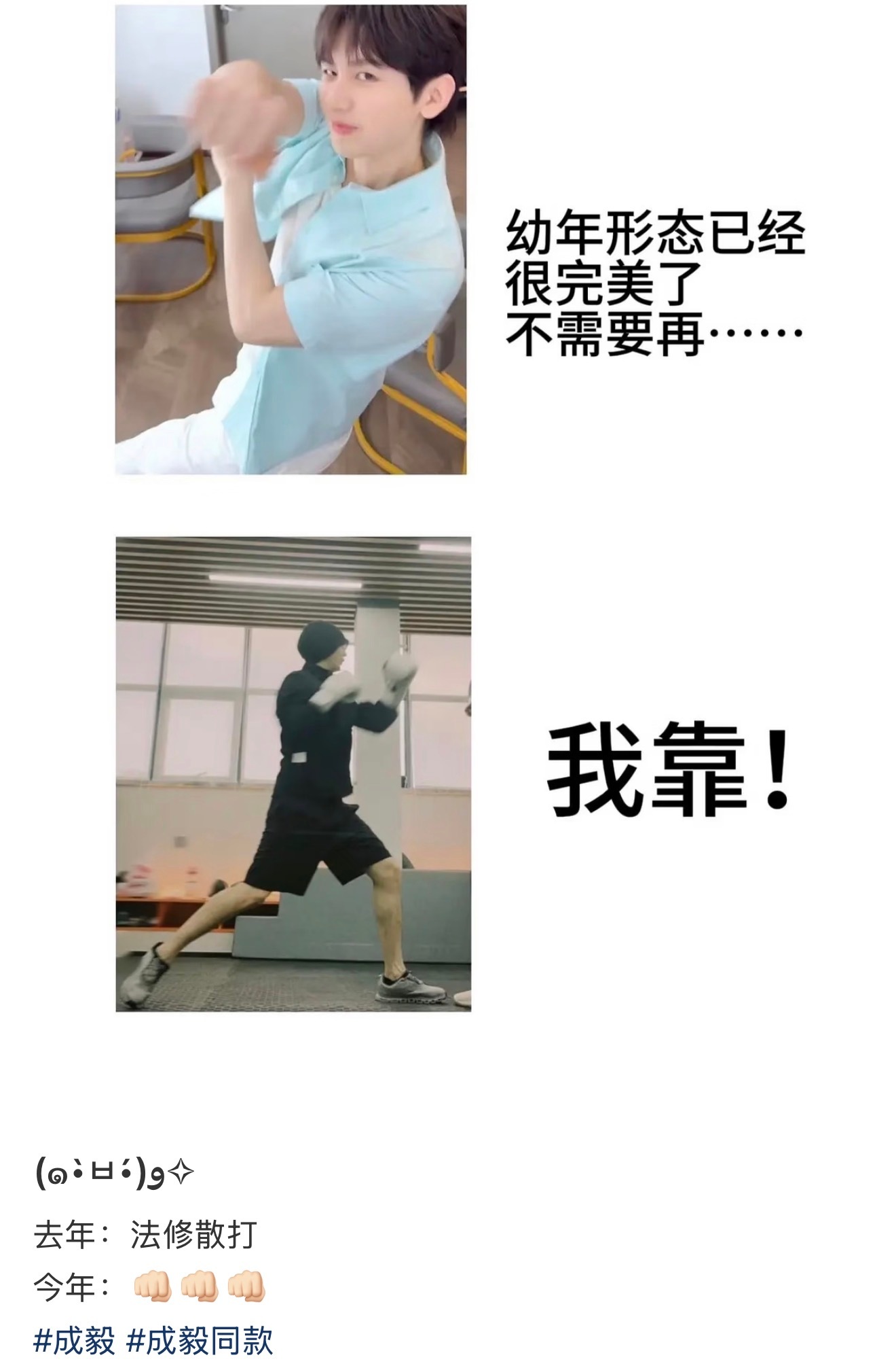 因为成毅工作室发了一张格斗训练tuie已经创作了好多版本了，什么样的都有，工作室