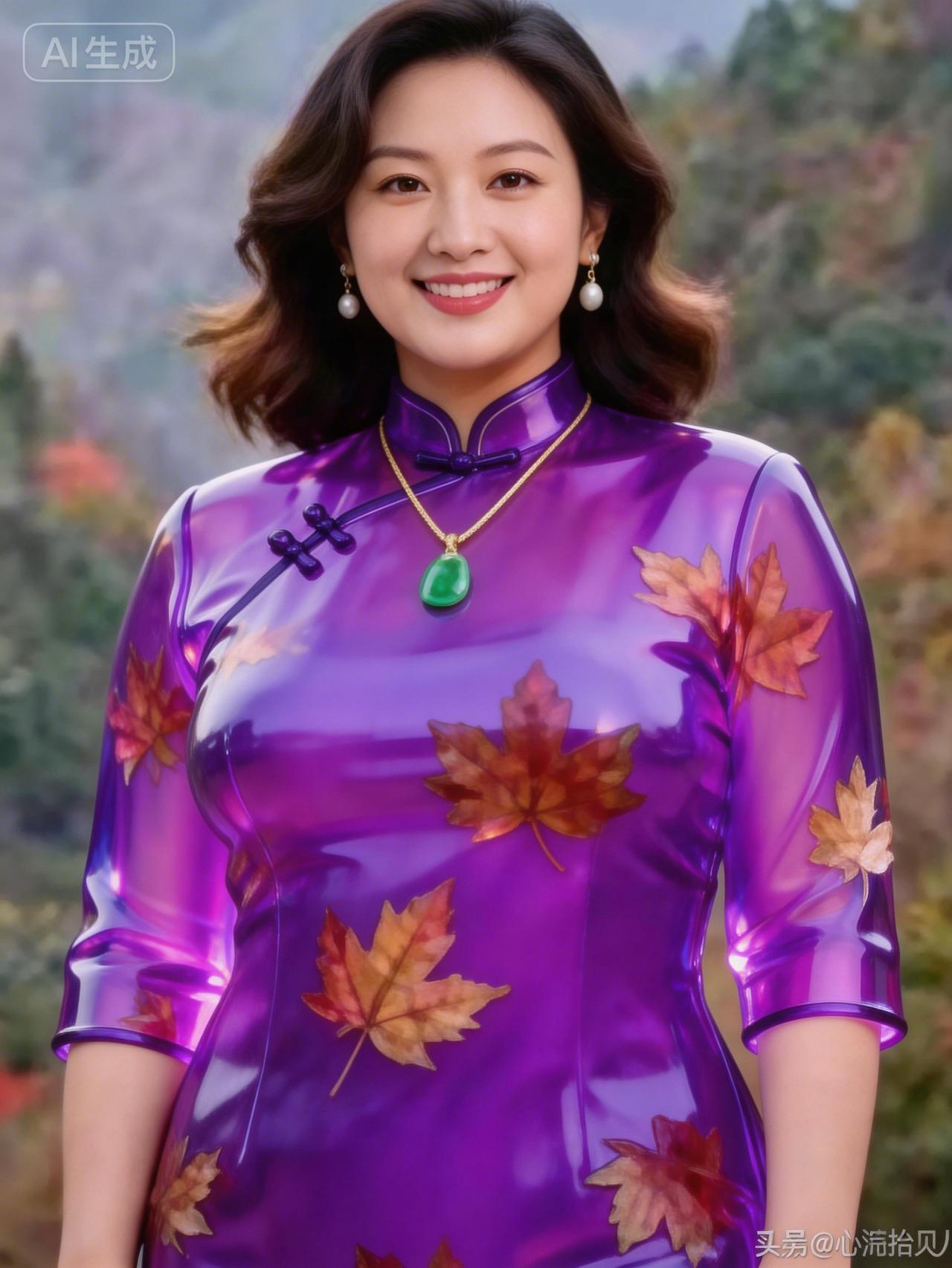 秋意渐浓，紫色旗袍与枫叶相映成趣，尽显东方韵味。