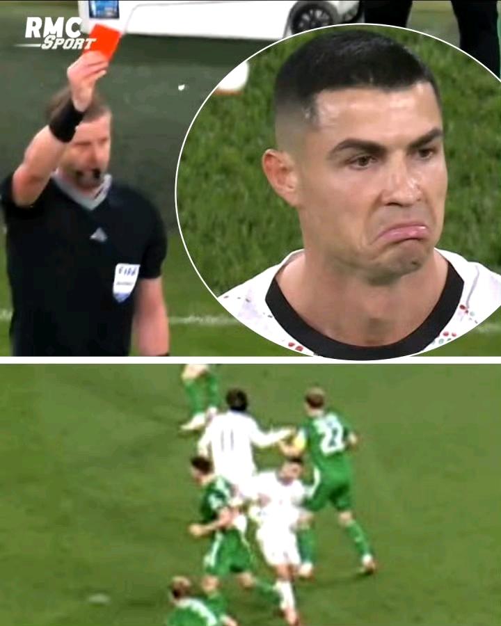 C罗这张红牌真是太无语了。他肘击爱尔兰球员，然后朝着对手做哭状手势，裁判看完