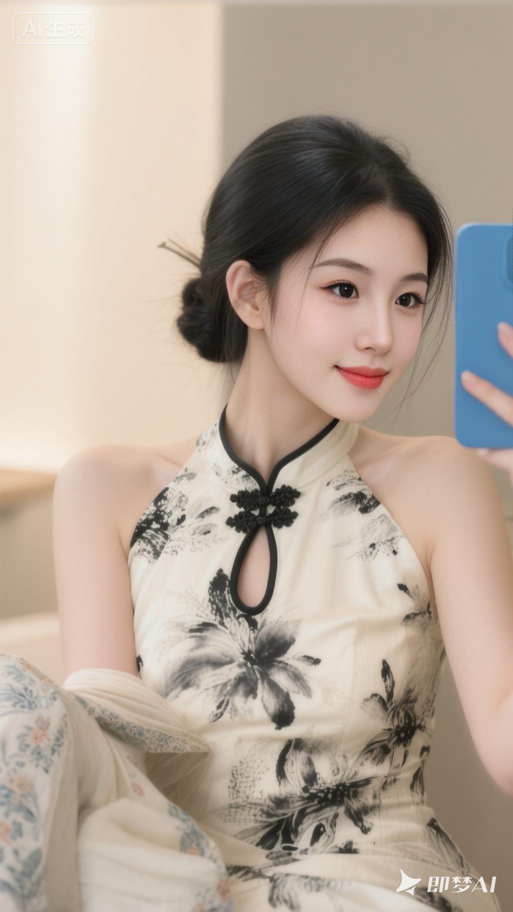 一位年轻女性，黑发优雅盘成发髻，身着米白色底配黑色水墨花卉纹的挂脖改良旗袍（领口