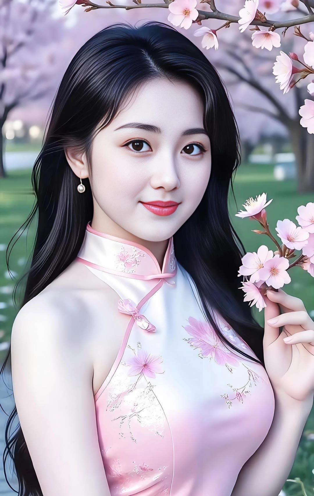 樱花树下，温柔少女，粉裙飘逸，春意盎然。