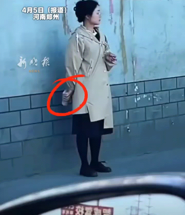 万万没有想到！河南郑州，一网友在路边偶然拍到，一名女子手拿一块砖块将其藏在身后，