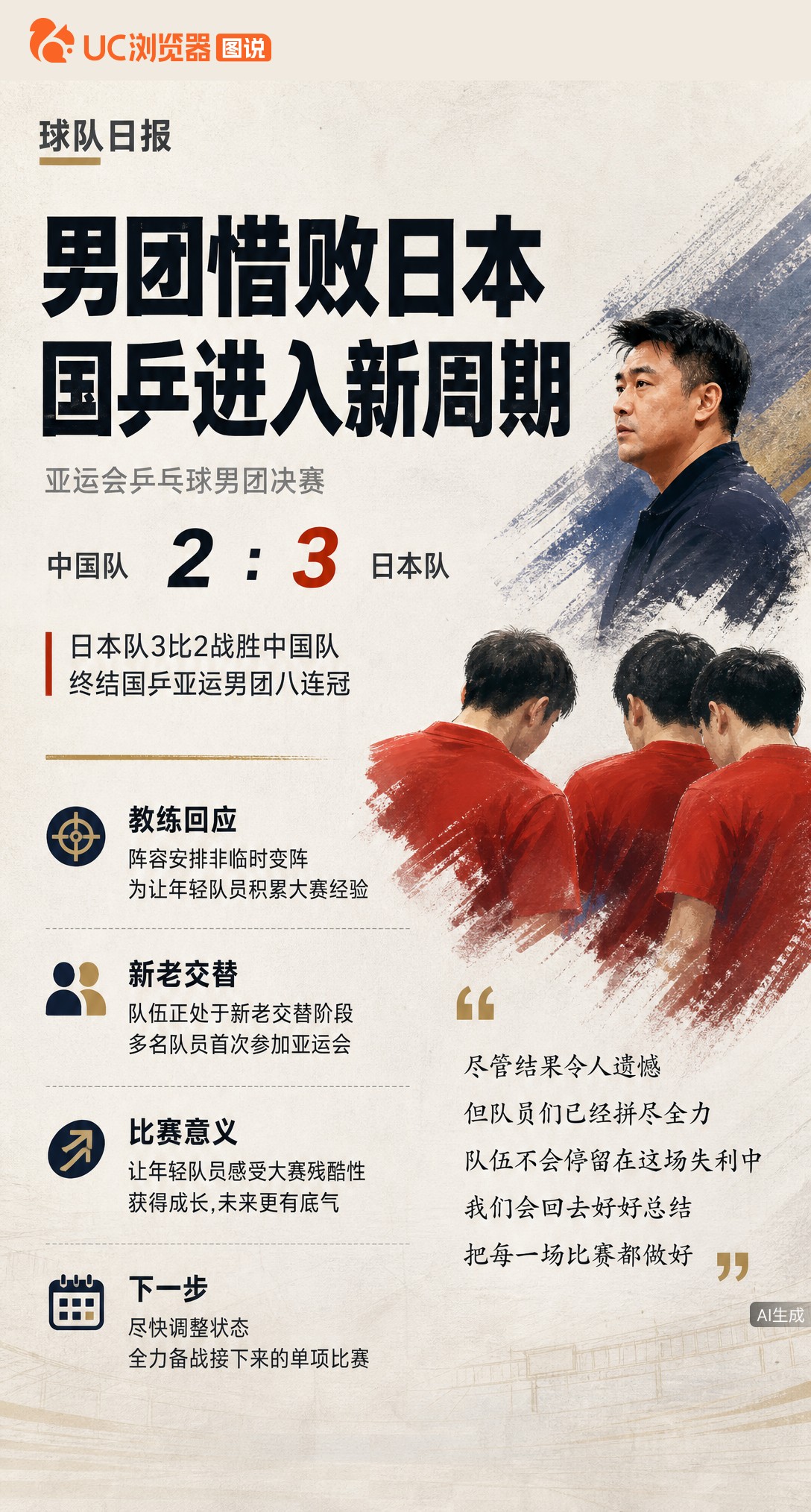 男团八连冠终结，王皓回应阵容争议：不是临时变阵，而是新老交替必经之路。让年轻队员在决赛感受残酷性，比