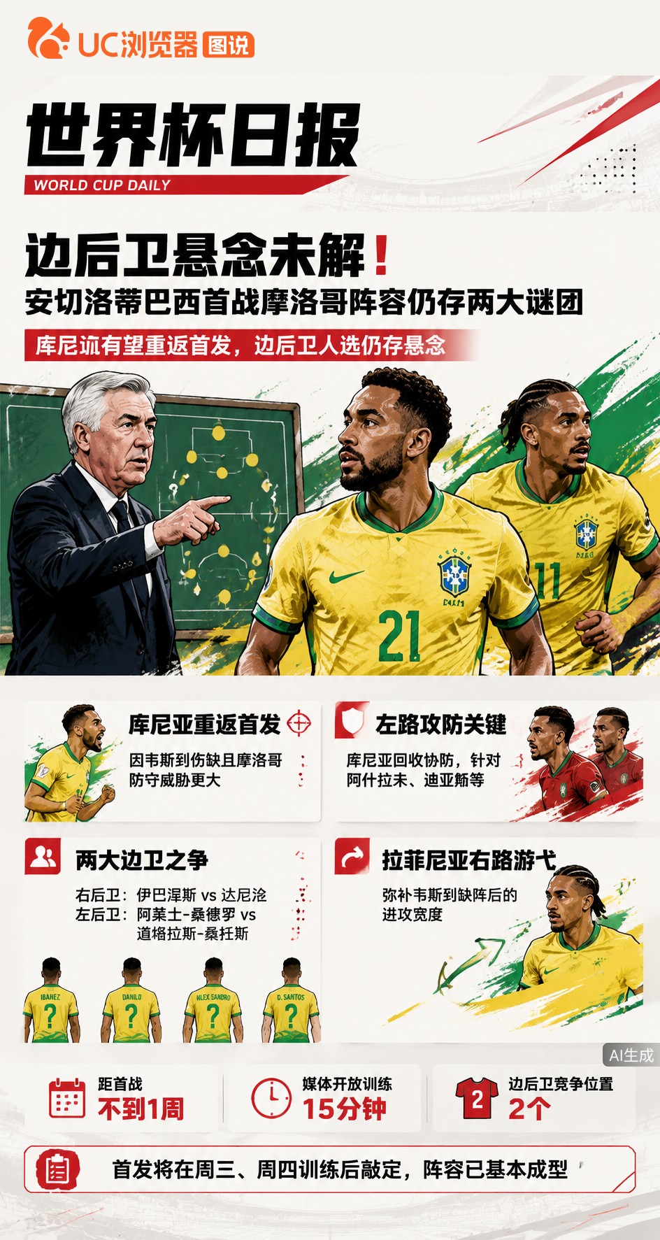 边后卫悬念未解！安切洛蒂巴西首战摩洛哥阵容仍存两大谜团
