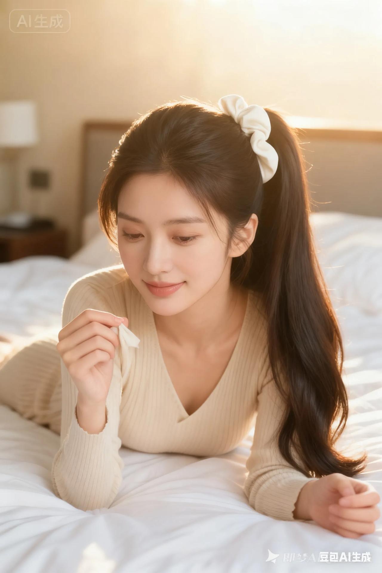 慵懒午后，暖阳洒落，少女轻抚脸颊，温柔如梦。