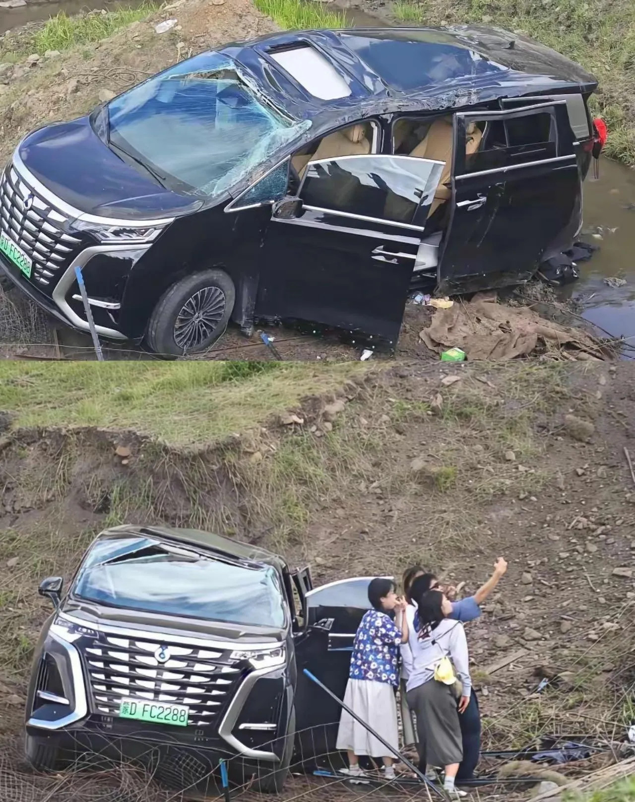 腾势D9从路上滚进沟里，就车顶有点变形，没着火，前后门、侧滑门全能正常开，一家子