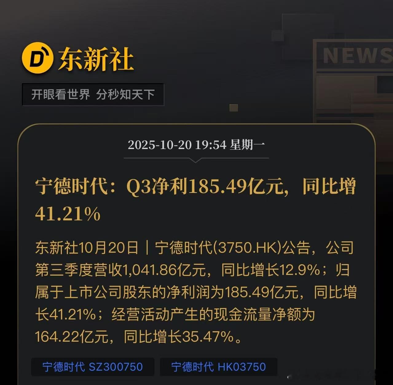 宁德时代第三季度净利润185亿元，同比增长41%。前几天，此前汇总的机构预测平均