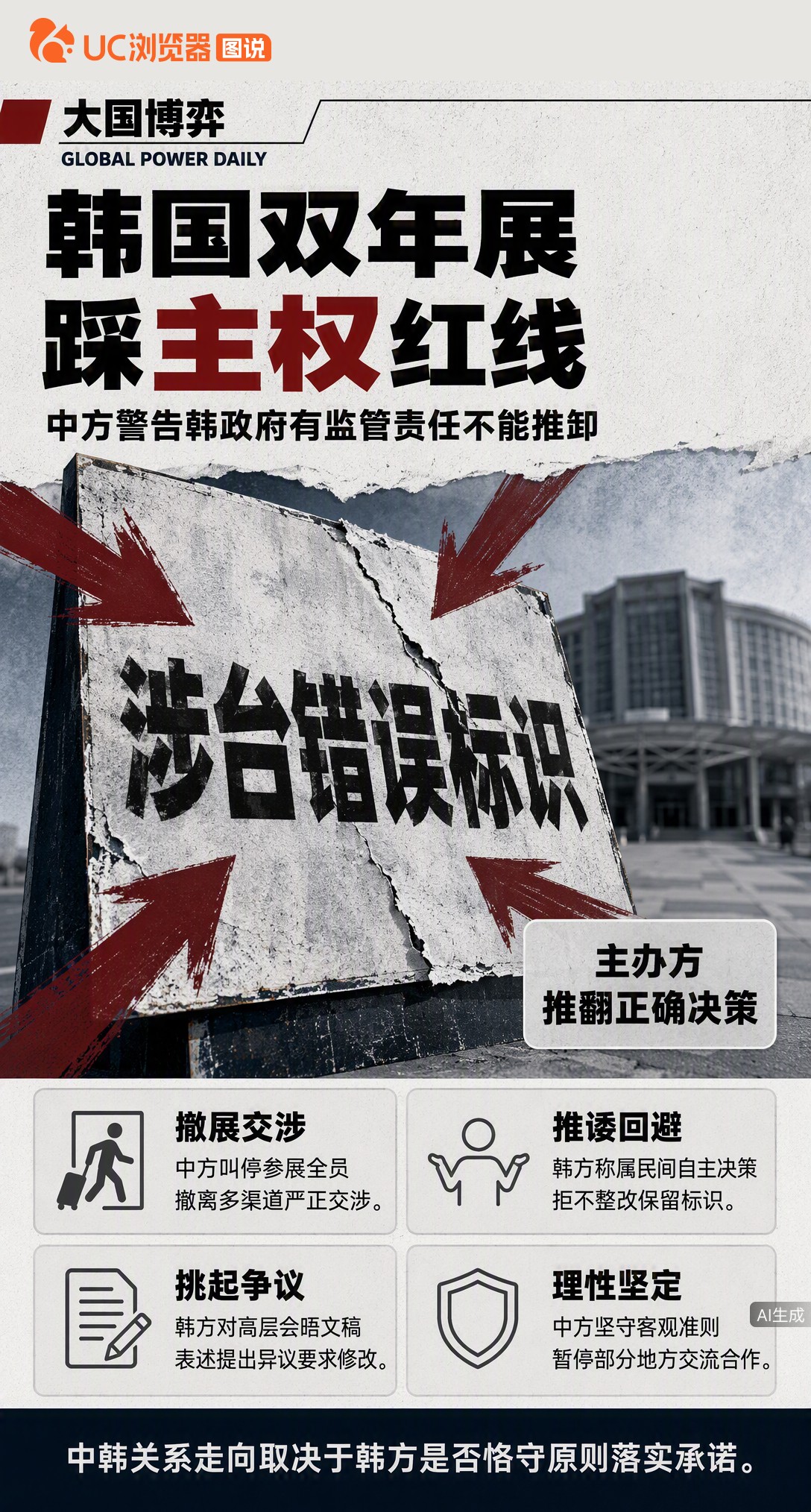 光州双年展涉台标识违规，中方直接撤展交涉。韩方一边口头认一个中国，一边拒不整改，还翻出半月前的文稿旧