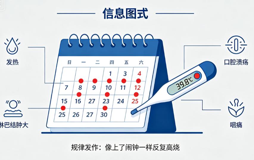 三年时间里，每隔25到30天准时高烧一次，嗓子化脓、口腔溃疡、淋巴结肿大。抗生素