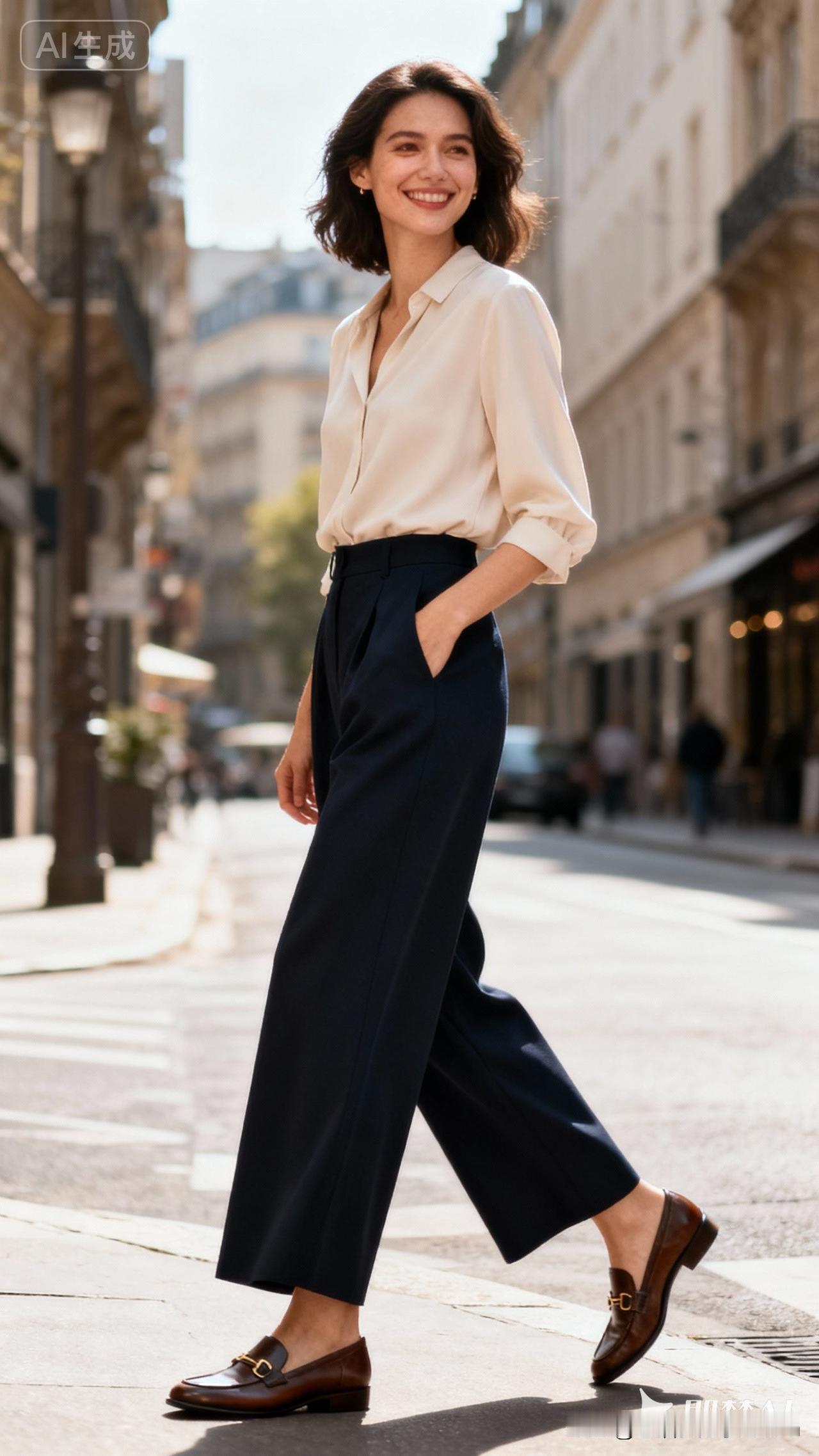 穿阔腿裤，鞋子要这样穿要轻盈，不要沉重；要松弛，不要拘谨。第一首选平底