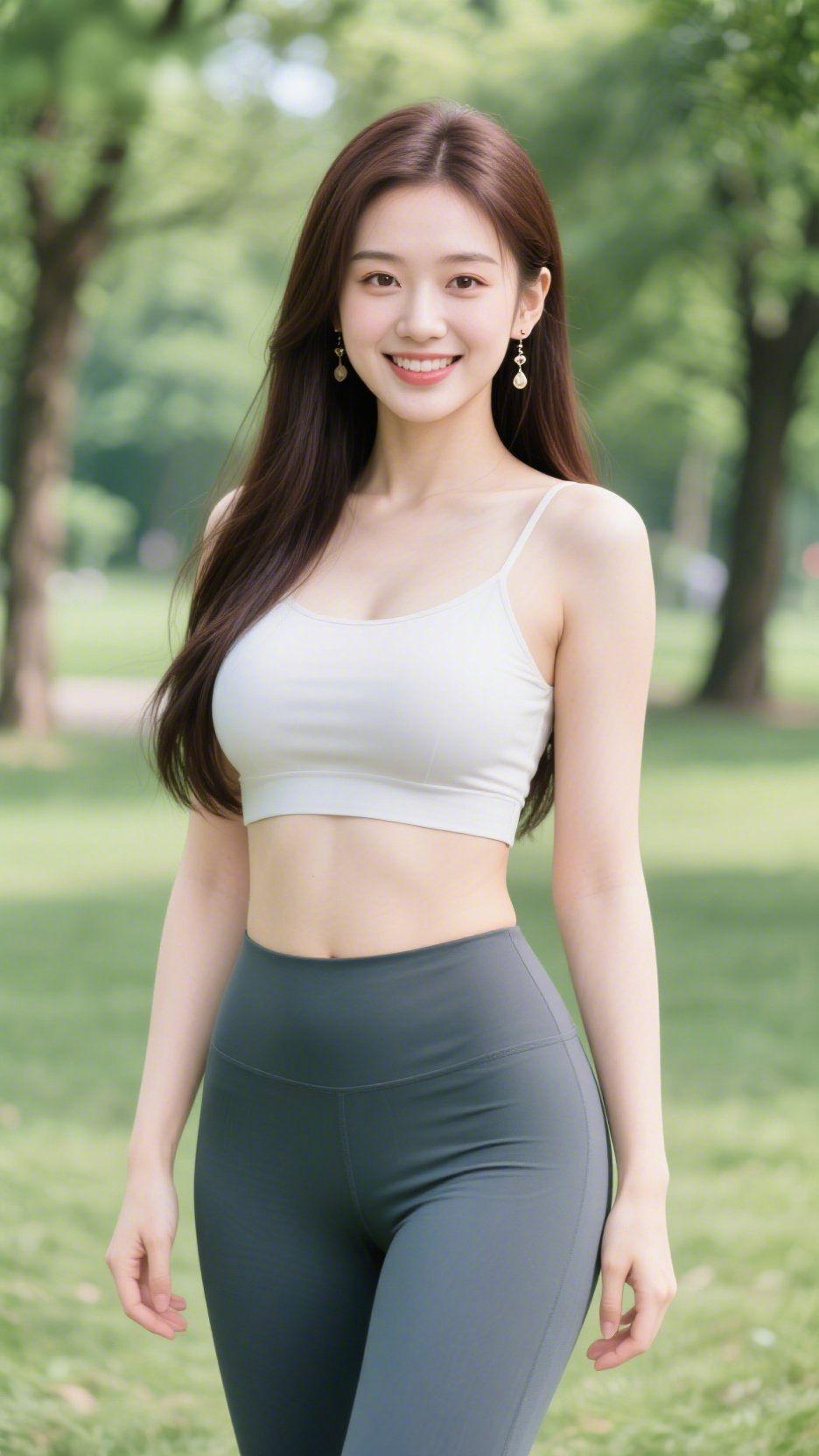 绿意间，元气绽放简约浅灰运动吊带搭配深灰瑜伽裤，舒适又大方。她站在绿意盎然