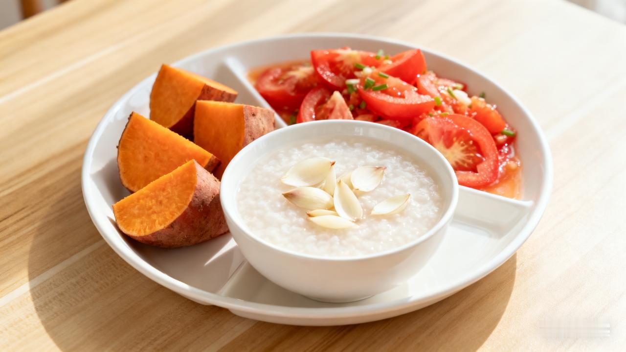 周五早餐：百合粥、蒸红薯、小份凉拌番茄-食材用量：大米50g、干百