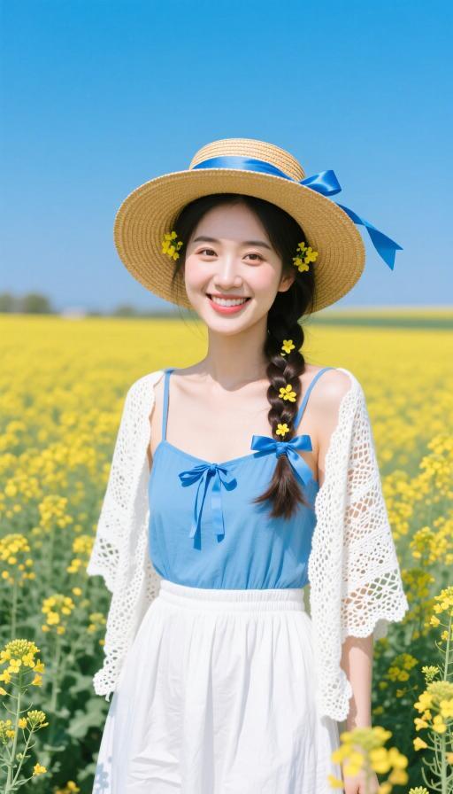 阳光明媚的田野里，笑容甜美的女孩，穿着蓝色连衣裙，头戴草帽，散发着青春的气息。