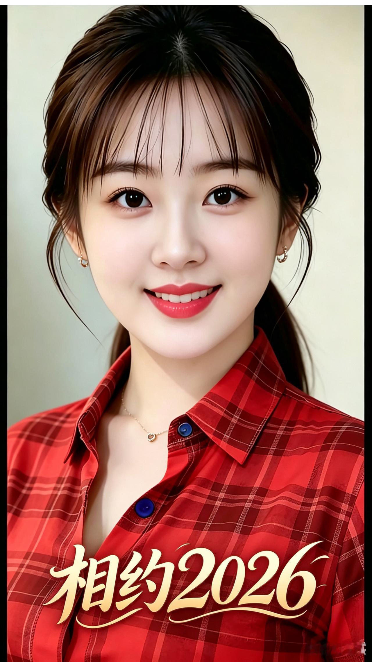 相约2026红格衬衫着身上，大学初毕俏娇娘。项链耳环金光闪，一笑脸颊甜且