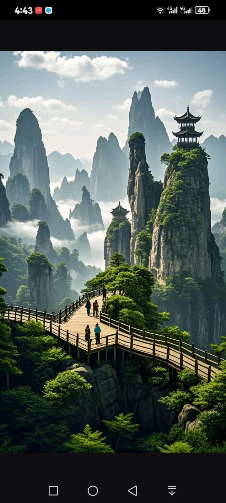 行至山间，忽见奇峰刺破云天，云海在层峦间翻涌成絮。木质栈道绕着青苍岩壁蜿蜒，行人