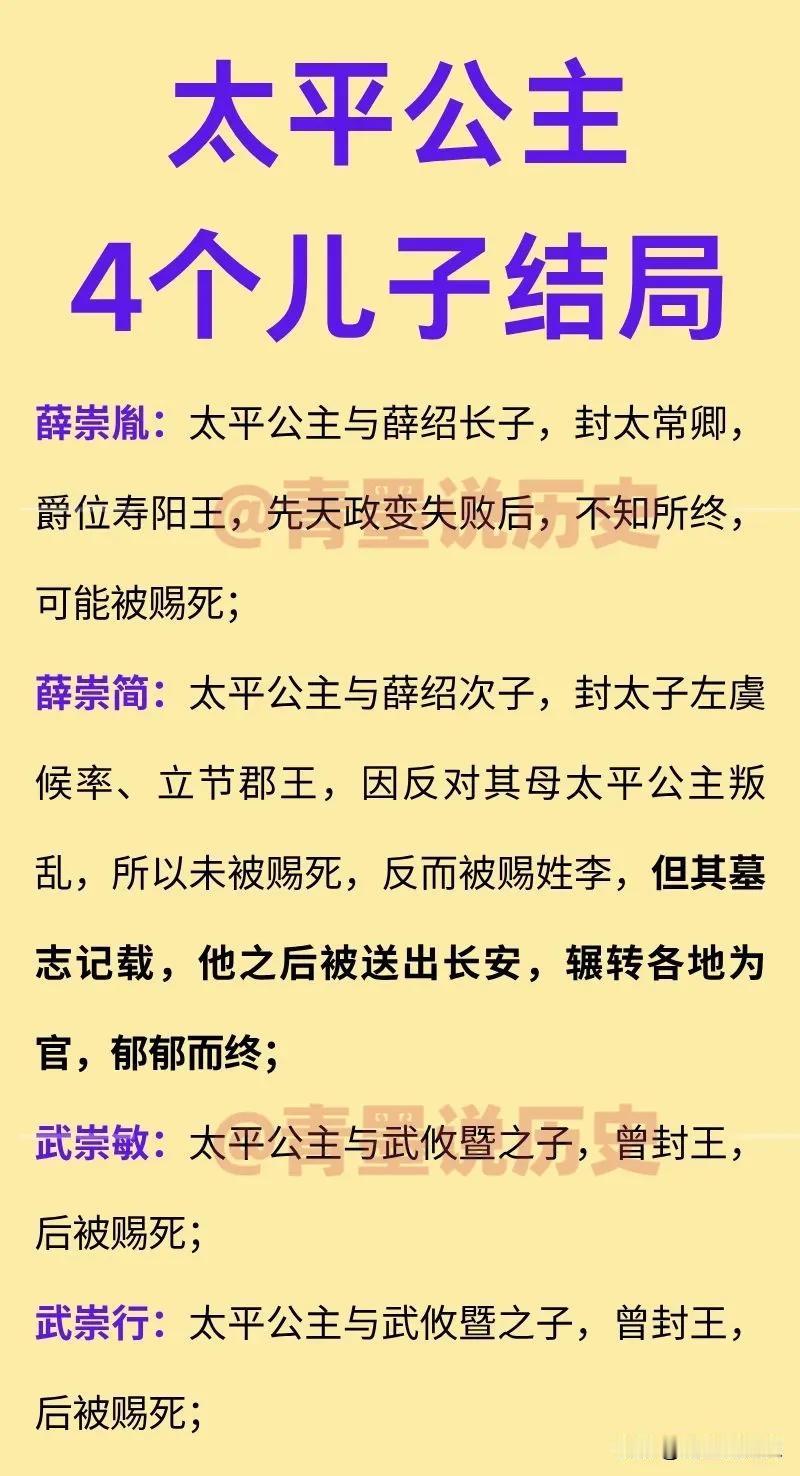 太平公主的4个儿子结局如何？太平公主的第一任丈夫是薛绍，两人居然还是表兄妹，