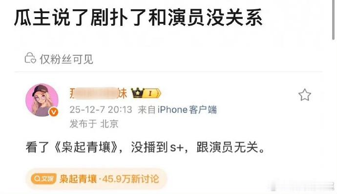围绕《枭起青壤》播放未到S+的相关争议，瓜主给出明确说法，强调演员群体并非