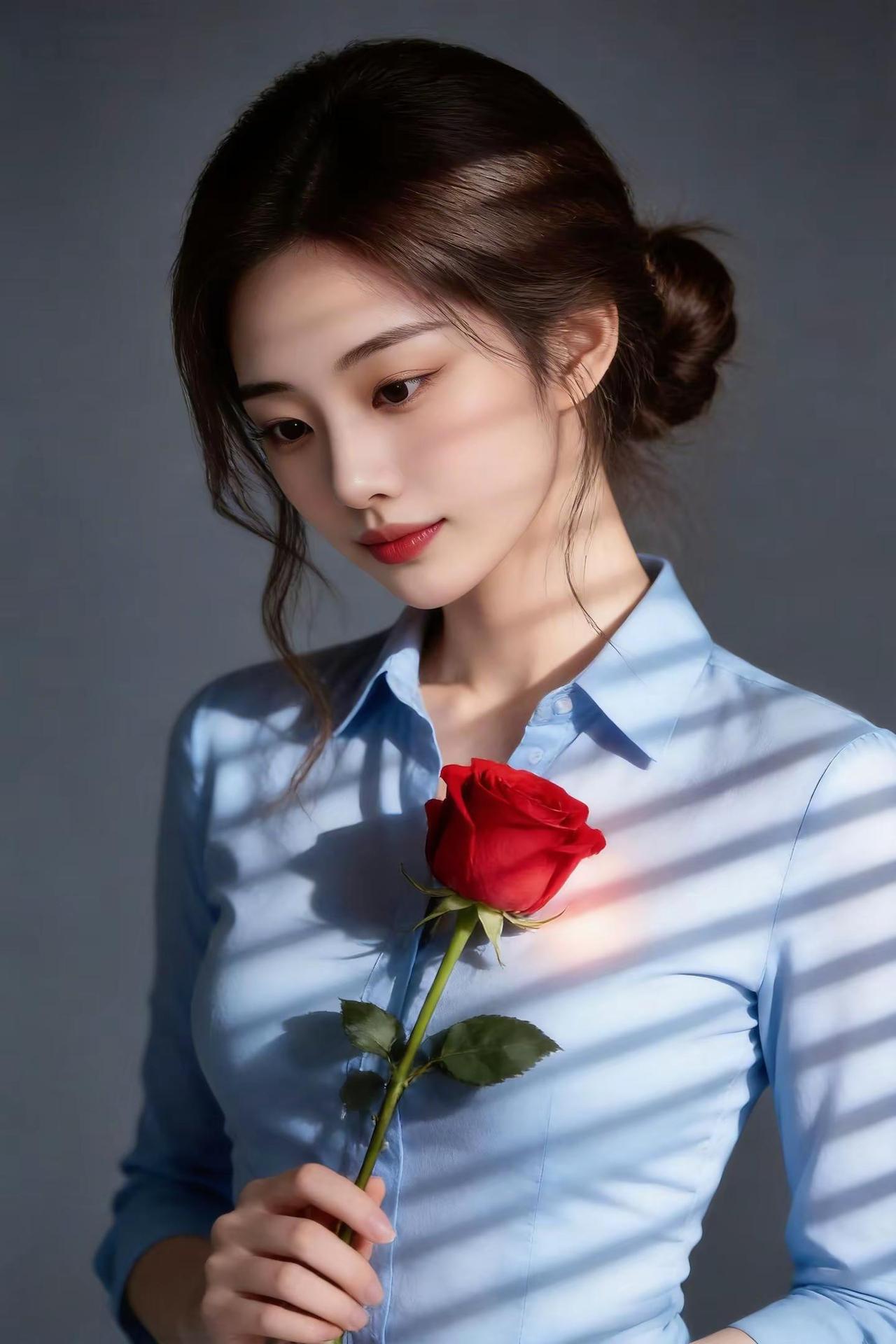 光影落在衬衫上，玫瑰握在手心这大概就是岁月静好的模样🌿光影拍照玫瑰写真温