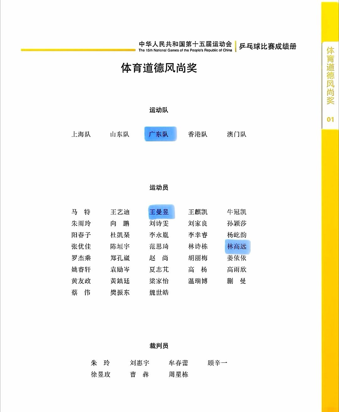 第15届全运会乒乓球体育道德风尚奖名单樊振东获体育道德风尚奖岂有此理！为何团体队