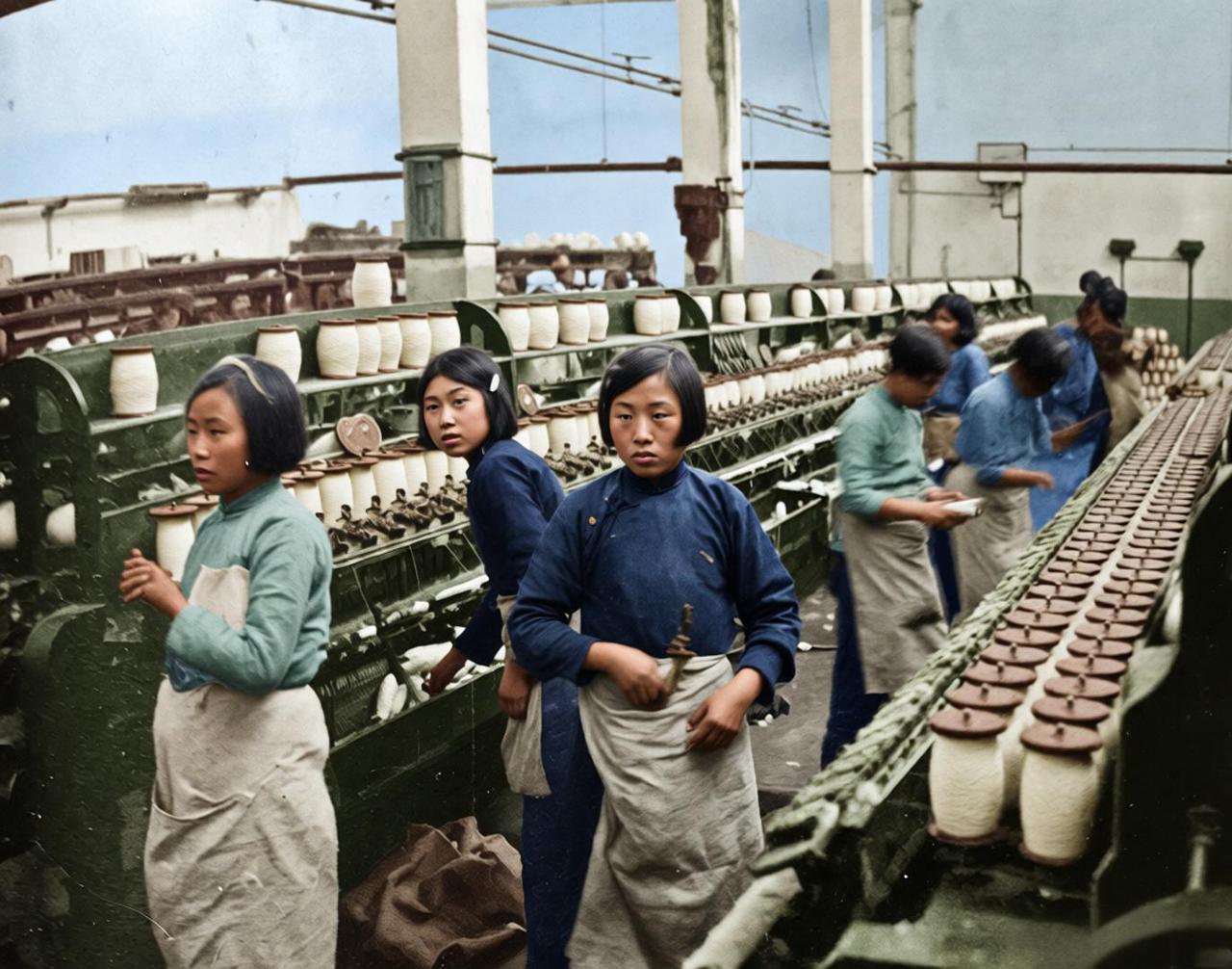 这是1936年方大曾拍摄的伪冀东政权统治下的纱厂，年轻的女工们身着简陋的衣衫、系