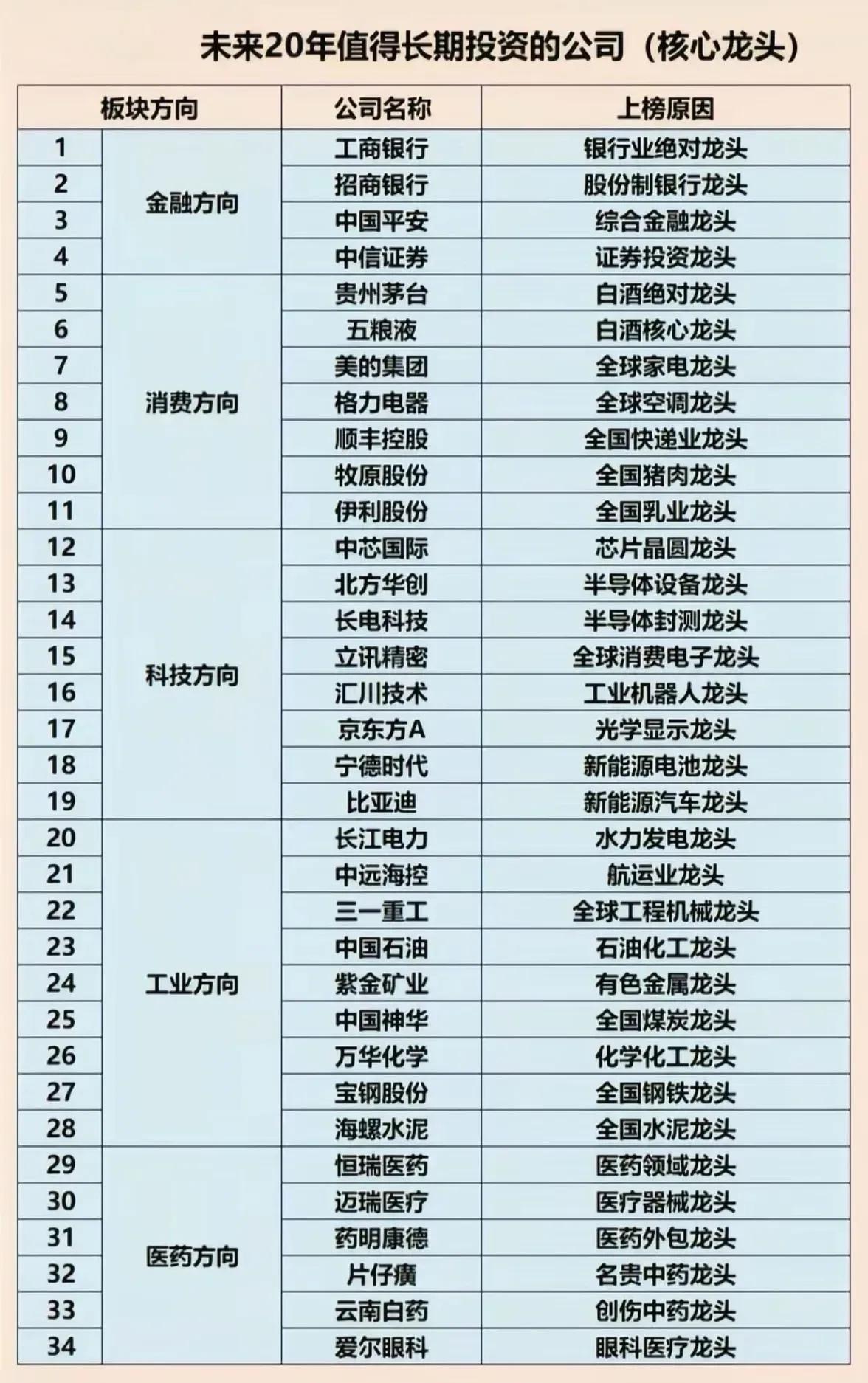 未来20年值得长期投资的核心龙头公司，按板块方向分类，具体如下：金融方向