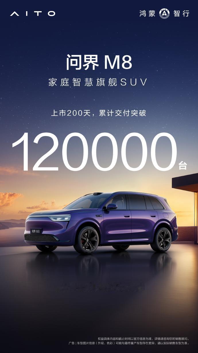 截至2025年11月14日，问界M8上市200天，累计交付量已突破12万台。梳