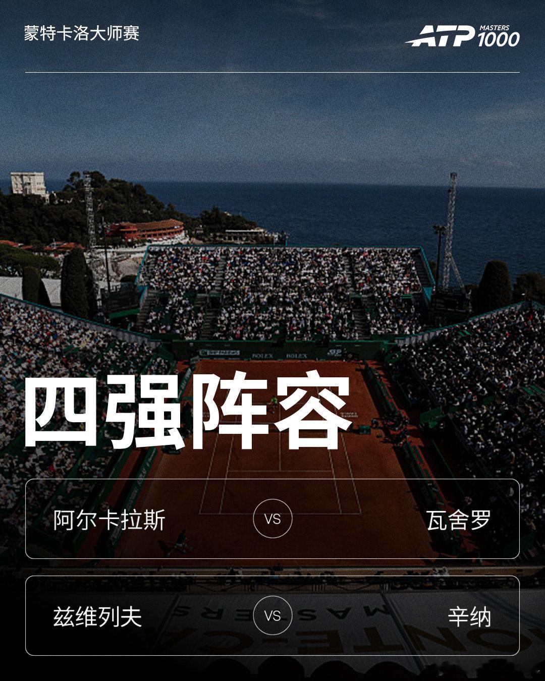 ATP1000蒙特卡洛大师赛四强对阵🔥阿尔卡拉斯🆚瓦舍罗兹维列夫🆚