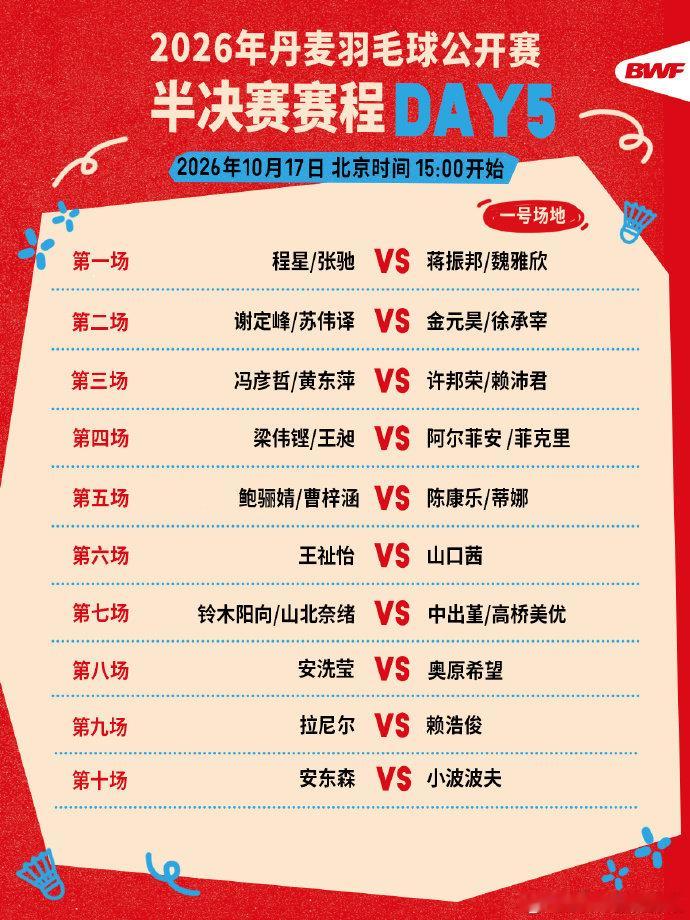 丹麦羽毛球公开赛半决赛赛程2026丹麦羽毛球公开赛半决赛今日15点开赛，国羽对