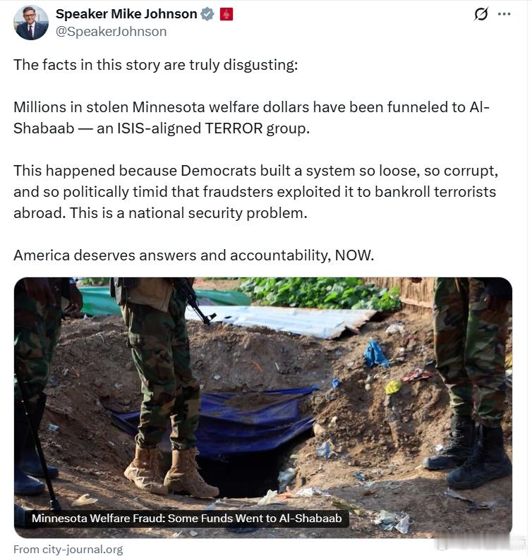 议长约翰逊：明尼苏达州被盗的数百万福利资金被输送给了“青年党”——一个与“伊斯兰