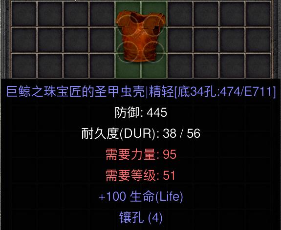 暗黑二重制版国服战网拍卖极品之血甲血甲，全称巨鲸之珠宝匠的盔甲。由于其增加大量