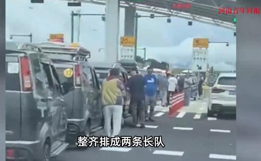 “防不胜防！”2025年7月，内蒙古，几十辆老头乐电车在收费站口处，整齐的排成两