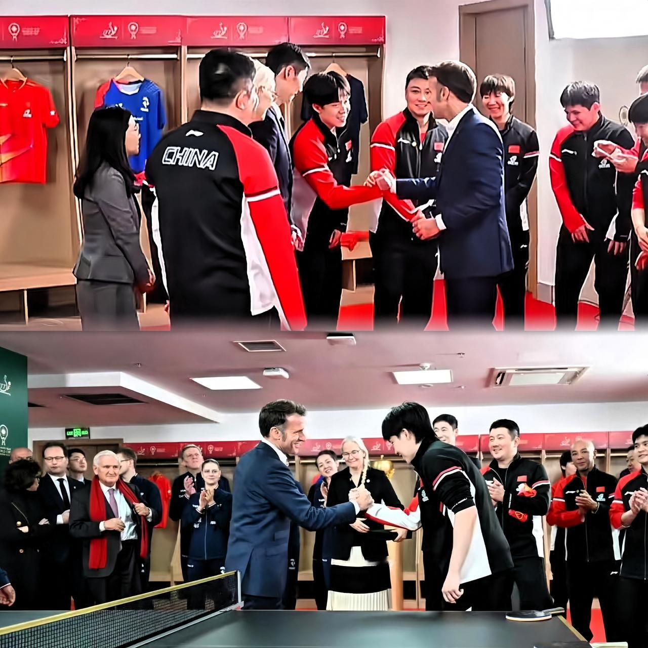 这照片绝了！头哥和马克马克龙正握手，周围所有人都在乐，笑得那叫一个灿烂！