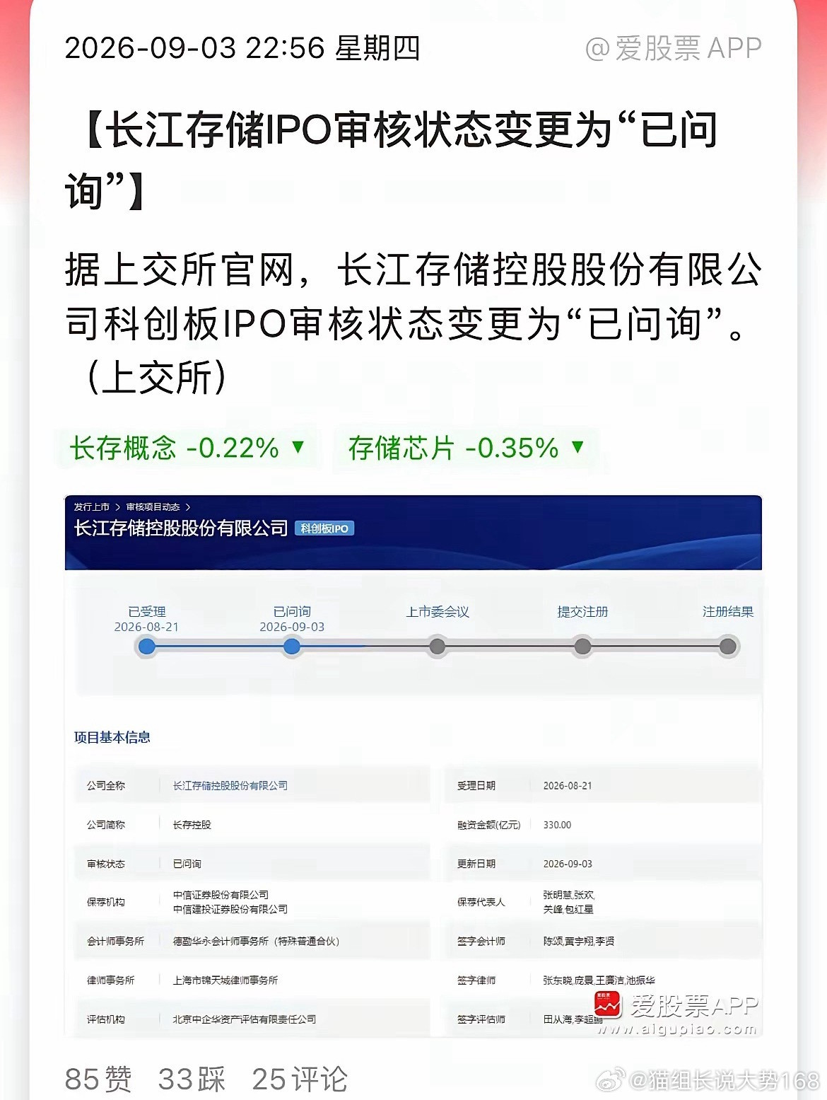 长江存储8月21日IPO受理，9月3日就进入已问询阶段，审核推进速度很快。按这个节奏推算，大概2‑3