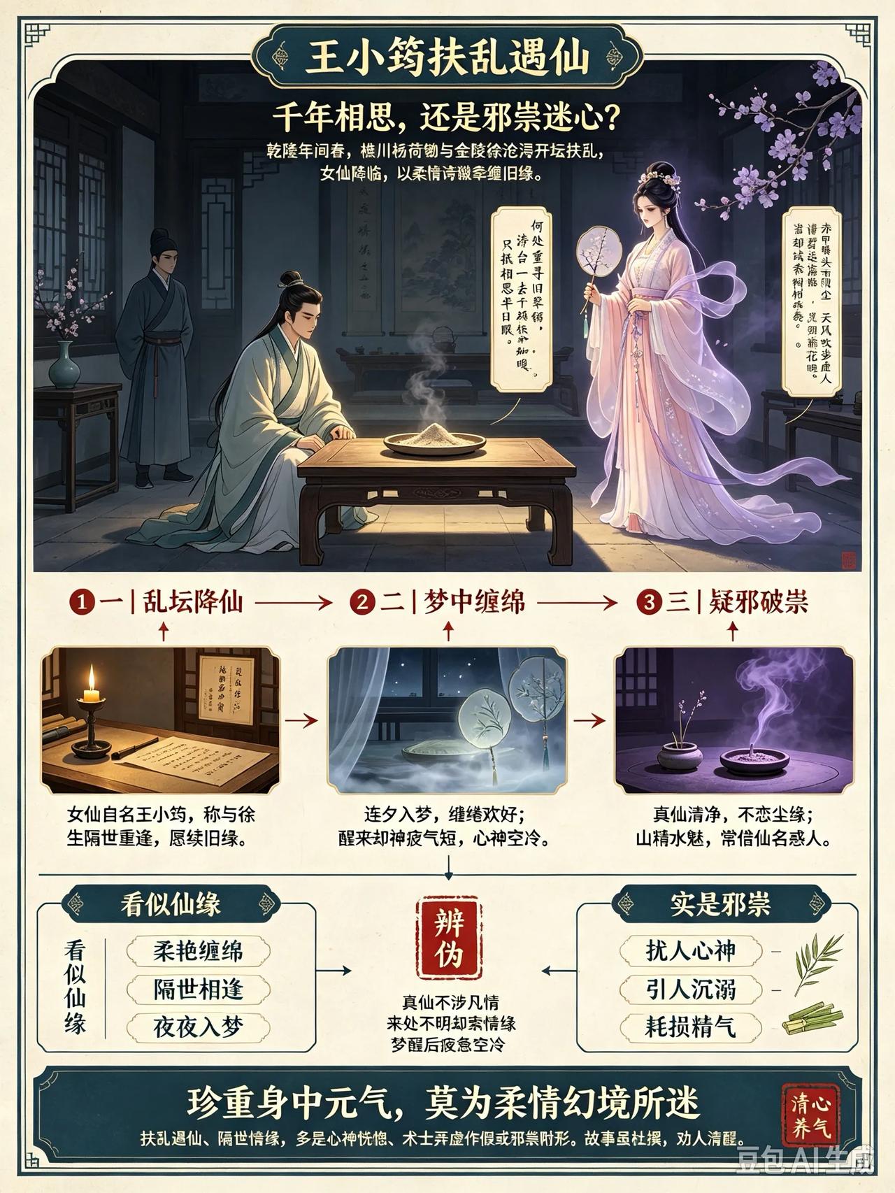 清朝乾隆时的一年春天，樵川人杨荷锄和金陵人徐沧浔一起扶乩请仙。忽然有一位女仙降临