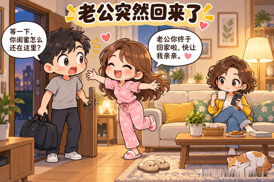 搞笑漫画分享老婆：老公，你什么时候回来的，几天不在家了，来亲亲。老公：先等一会，