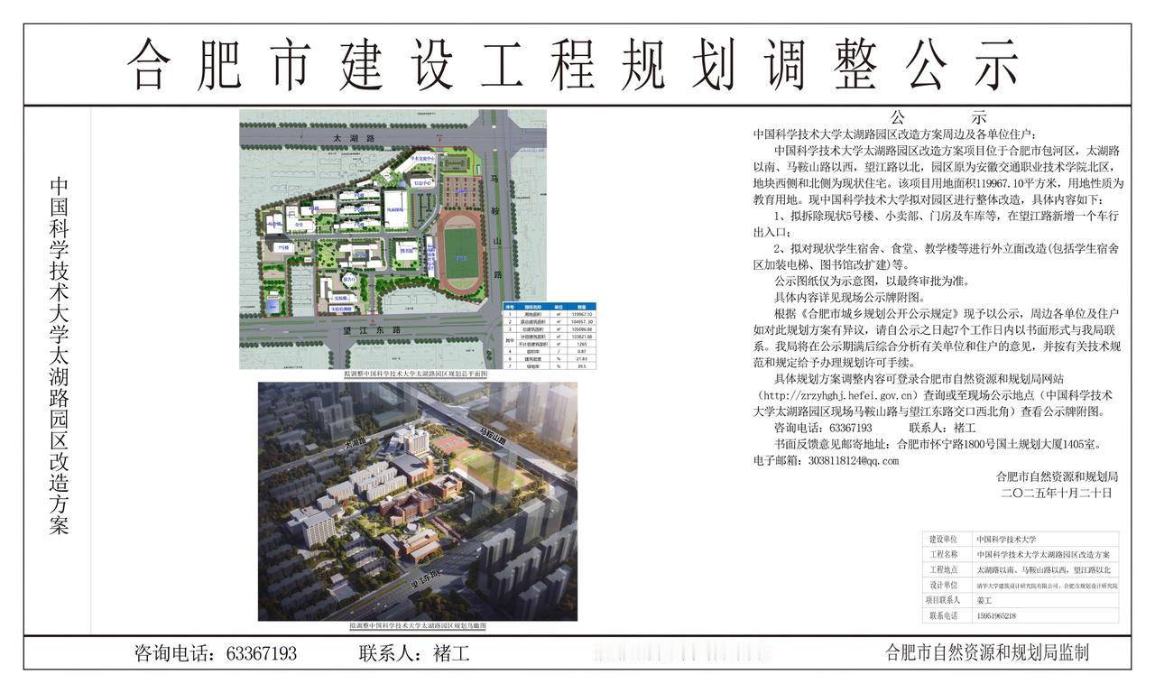 中国科学技术大学太湖路园区改造方案调整公示。中国科学技术大学在合肥的校区是真多