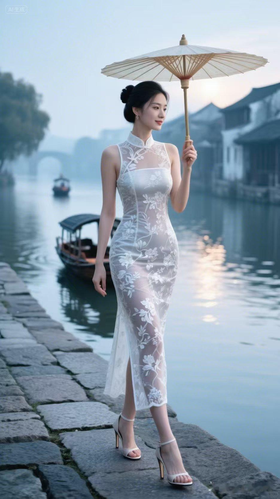 白伞轻摇，旗袍如画，水乡烟雨里，她一步一景，美得让时光都慢下来。