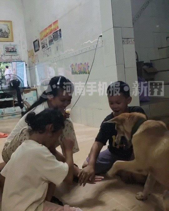 笑不活了。广西，三个孩子和家中狗子玩耍时，大人就听到孩子们玩得哈哈大笑，本以为又