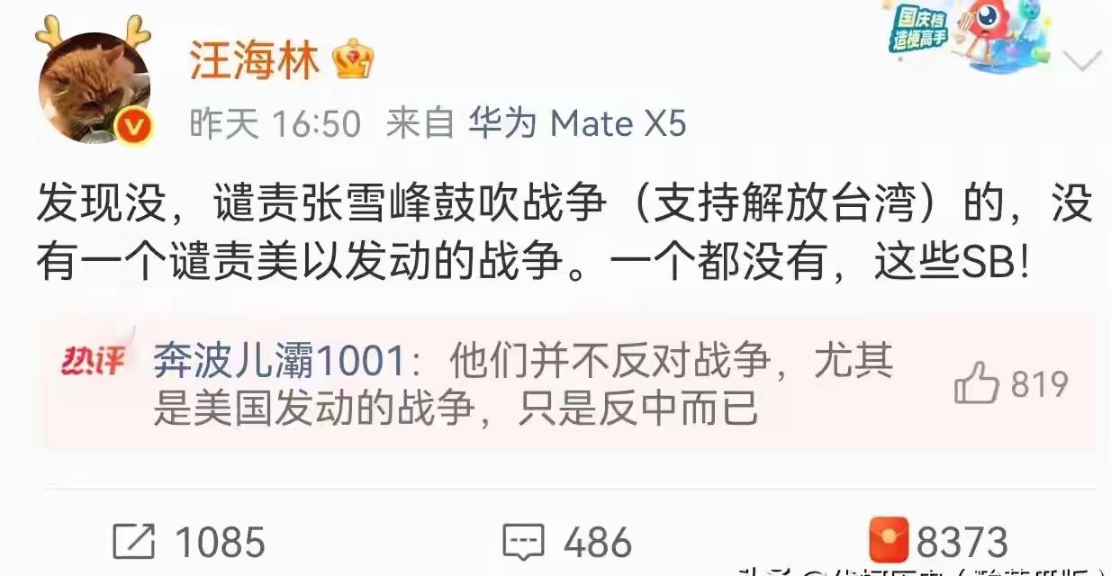 汪海林真是杠，但也说出了是一个事实。谴责张雪峰鼓吹战争的人，一个也没有出来谴