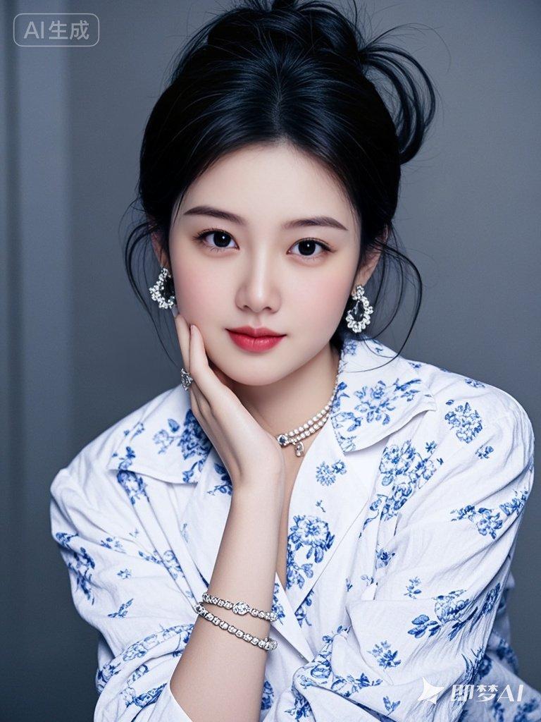 年轻漂亮的美女，时尚白色青花瓷花纹棉麻衬衫，戴着耳环和项链，优雅气质，精致妆容，