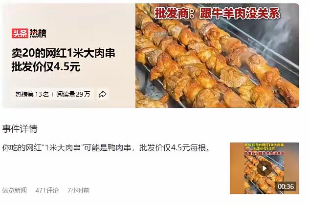 媒体曝光景区肉串进货价约为4.5元一根！用鸭肉浸泡羊油制成，商家也很会打擦边