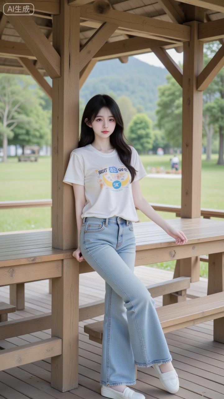 露台的松弛系少女白印花T恤搭浅蓝微喇裤，清爽得像山间的风~靠在木柱旁的慵懒