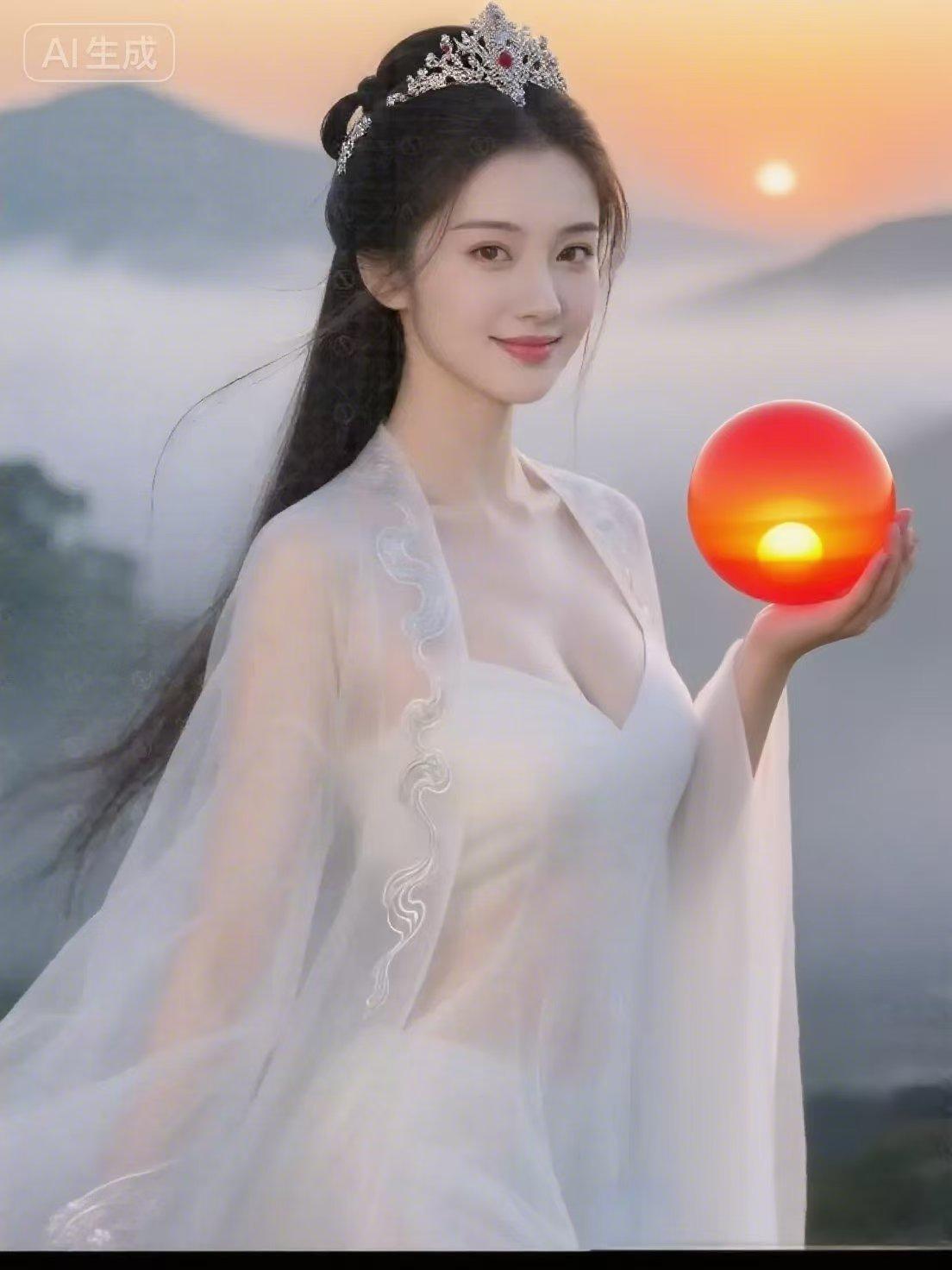 望海潮路慢慢手托落日，银冠轻垂，云雾间，你雾海神女图是误入凡尘的上古神女。