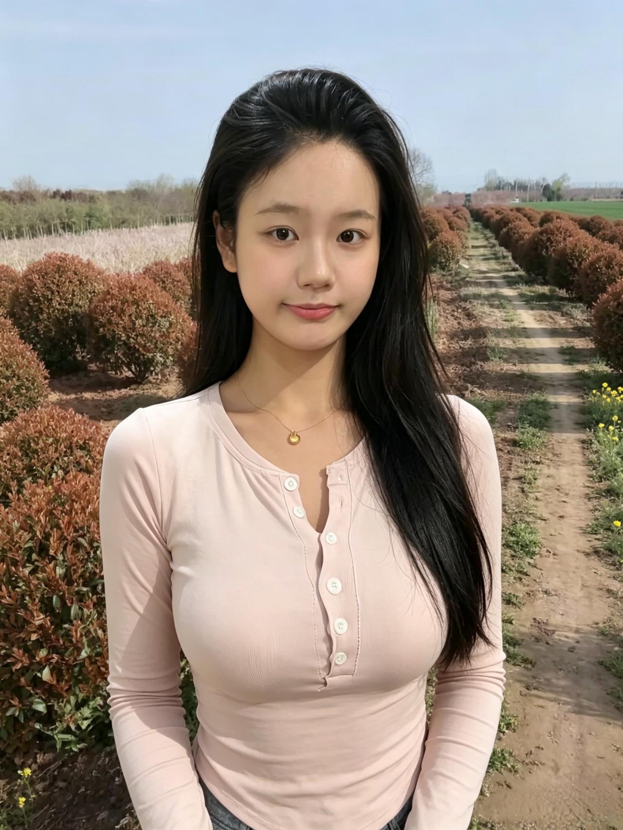 风掠过整齐的树篱晴光落在柔软肩头干净眉眼盛着春日温柔浅浅笑意便把整片山野