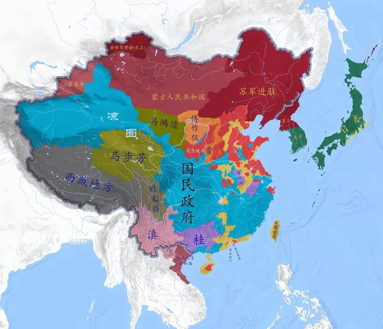 1945年日本投降时，国民政府的势力范围占据整个南方区域[吐舌头眯眼睛笑]