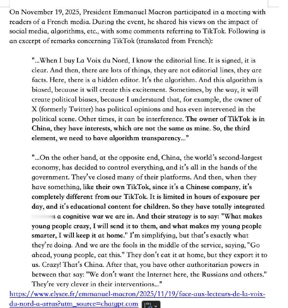 马克龙称洋抖毒害了法国青年，而中国版的抖音却提供教育内容，并且限制儿童使用时间，