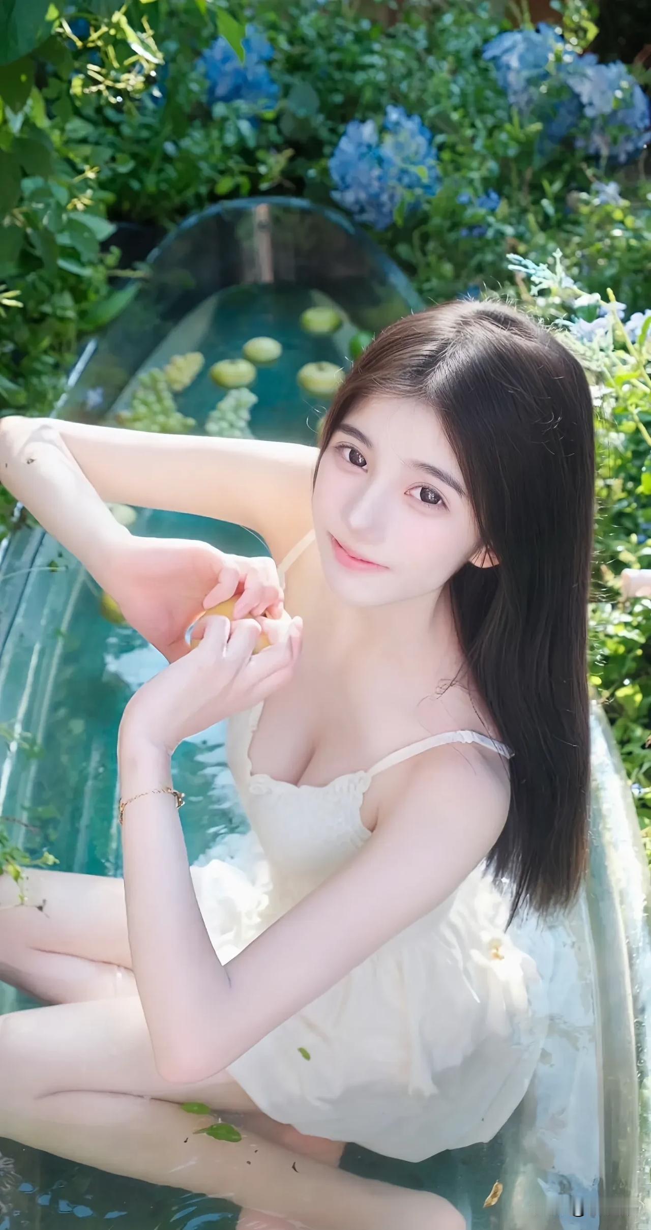 夏日清凉泳池派对，甜美少女与水果相伴