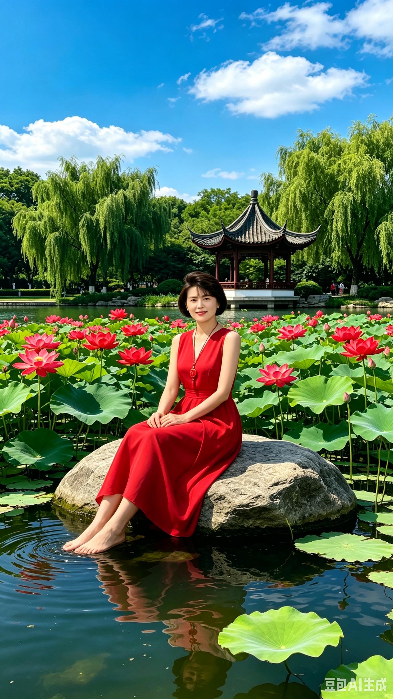 荷亭红裙佳人晴空漫卷白云柔，碧水荷池漾浅流。翠柳垂丝拂镜面，古亭静立倚汀